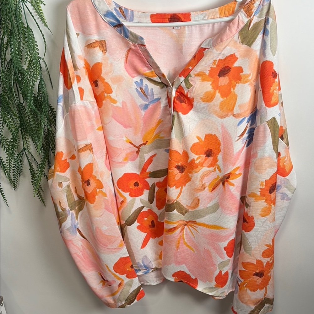 Source Unknown Orange Long Sleeve Tie Front Blouse